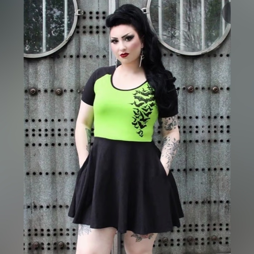 SOURPUSS NOKTURNAL BATS RAGLAN SKATER DRESS GREEN BLACK XL